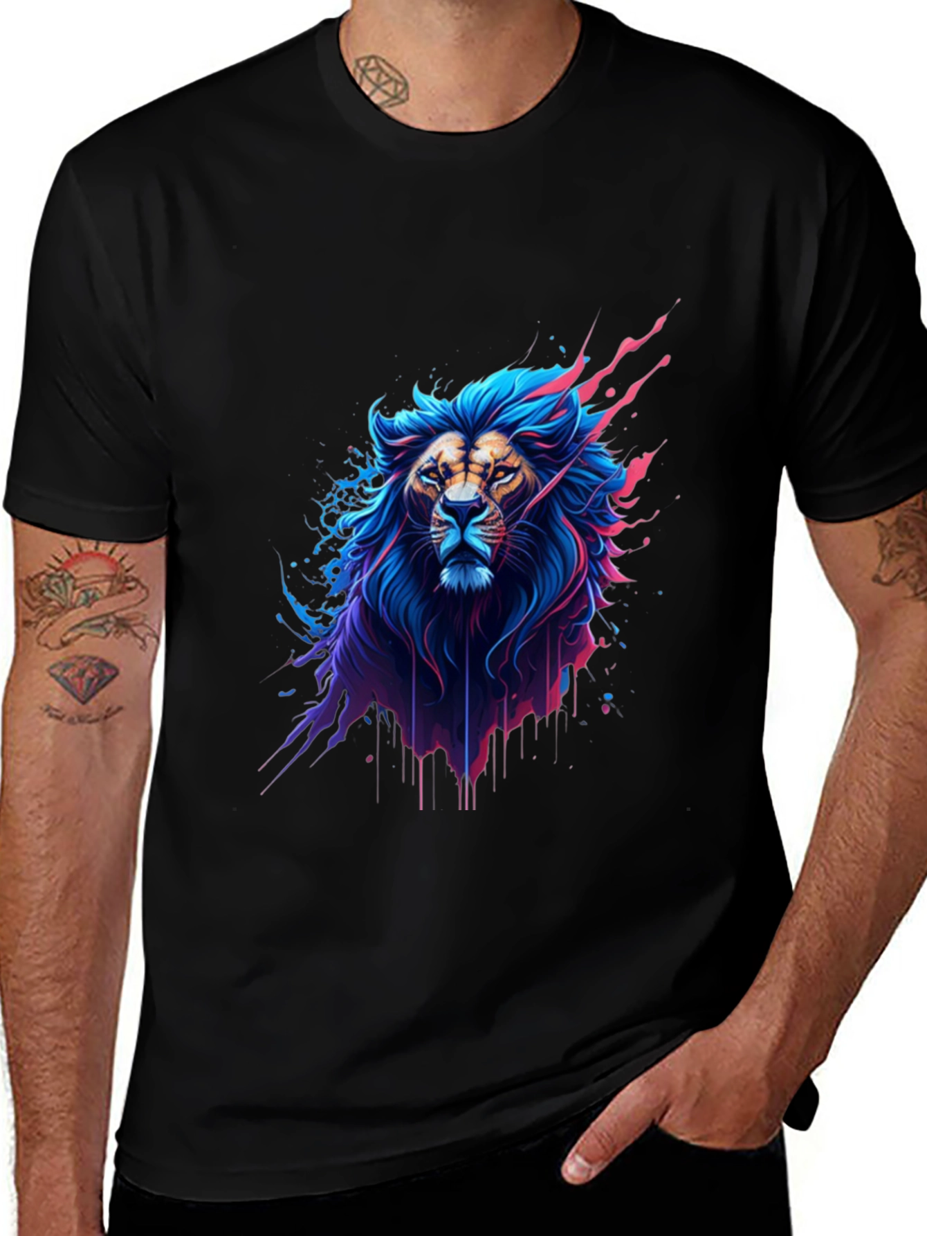 Variant 19 of Neon Lion Graphic Tee - Men's Black T-Shirt