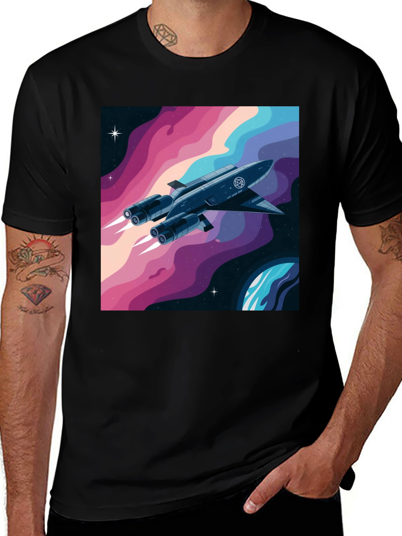 Black Retro Space Rocket Graphic Tee main image