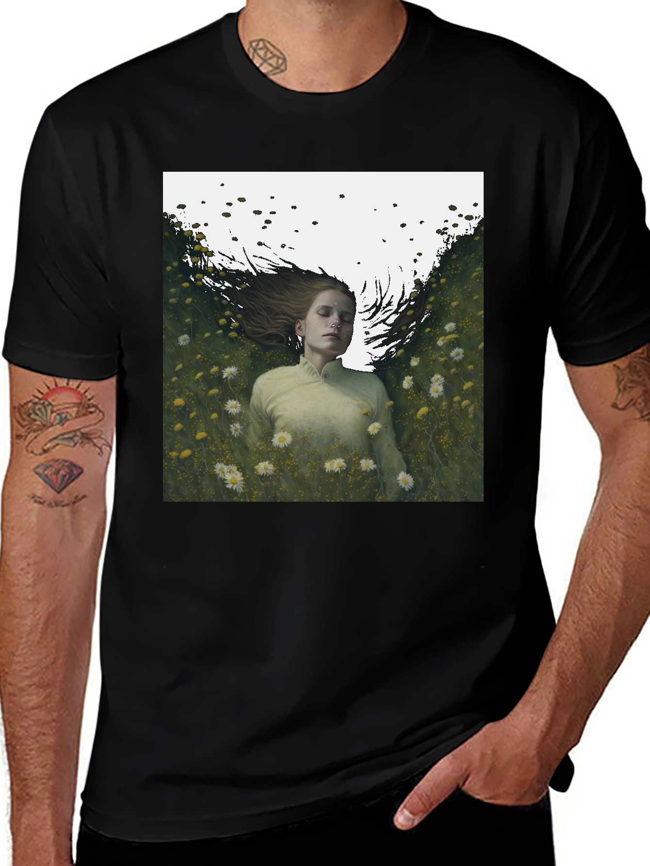 Artistic Woman in Field Graphic Tee - Black