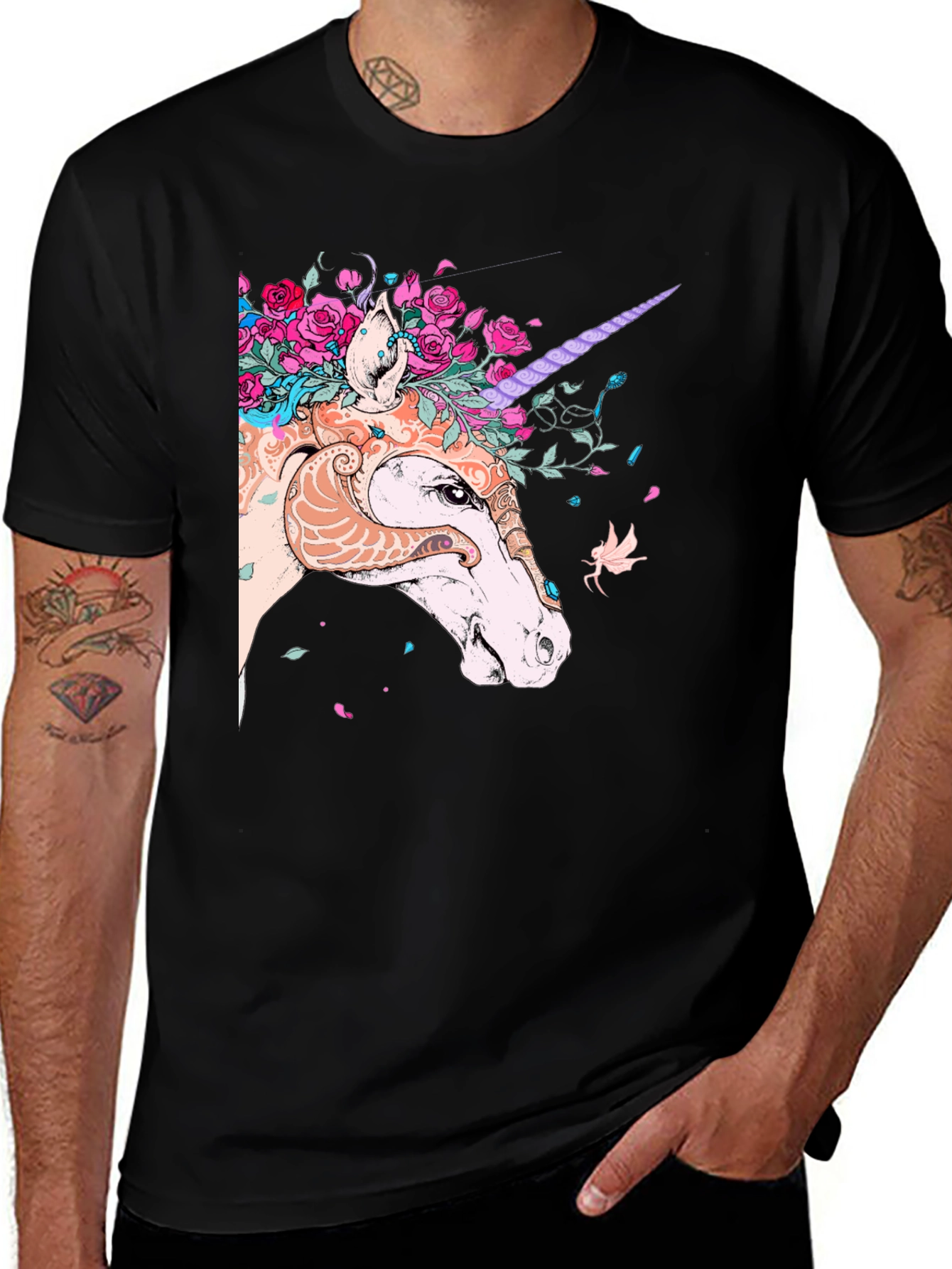 Variant 24 of Unicorn Floral Graphic Tee - Black