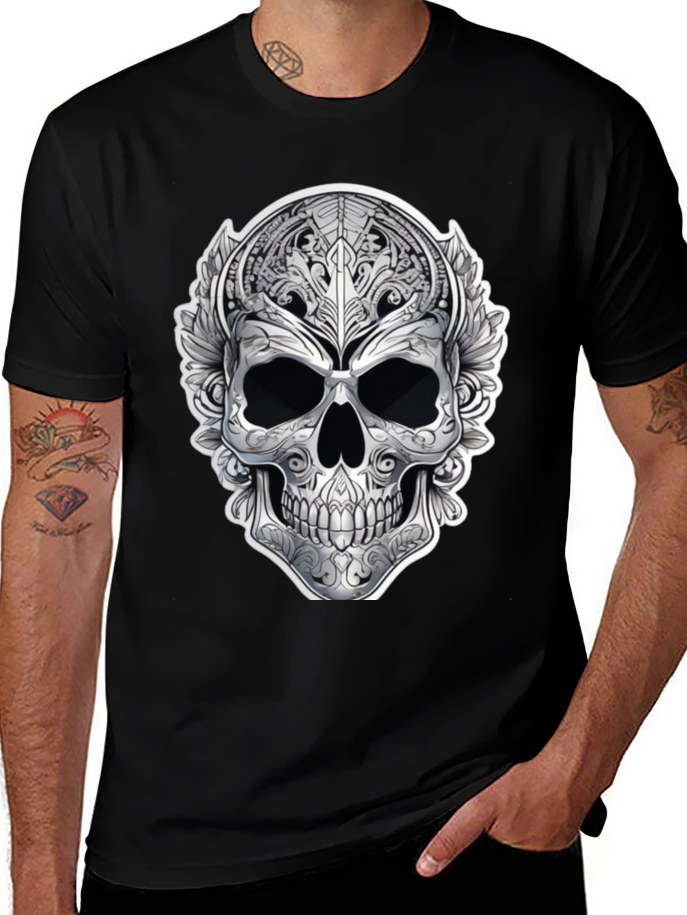 Variant 14 of Ornate Skull Graphic Print T-Shirt - Black