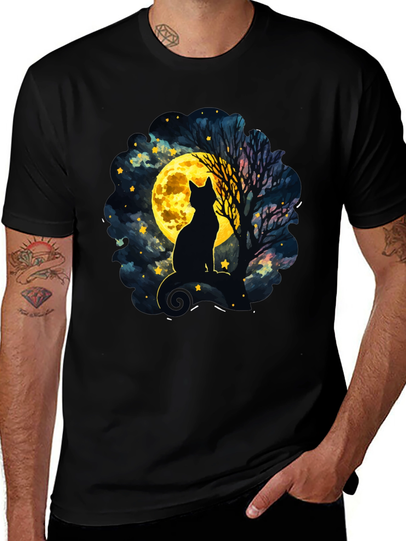 Variant 18 of Moonlit Cat T-Shirt - Whimsical Night Sky Design