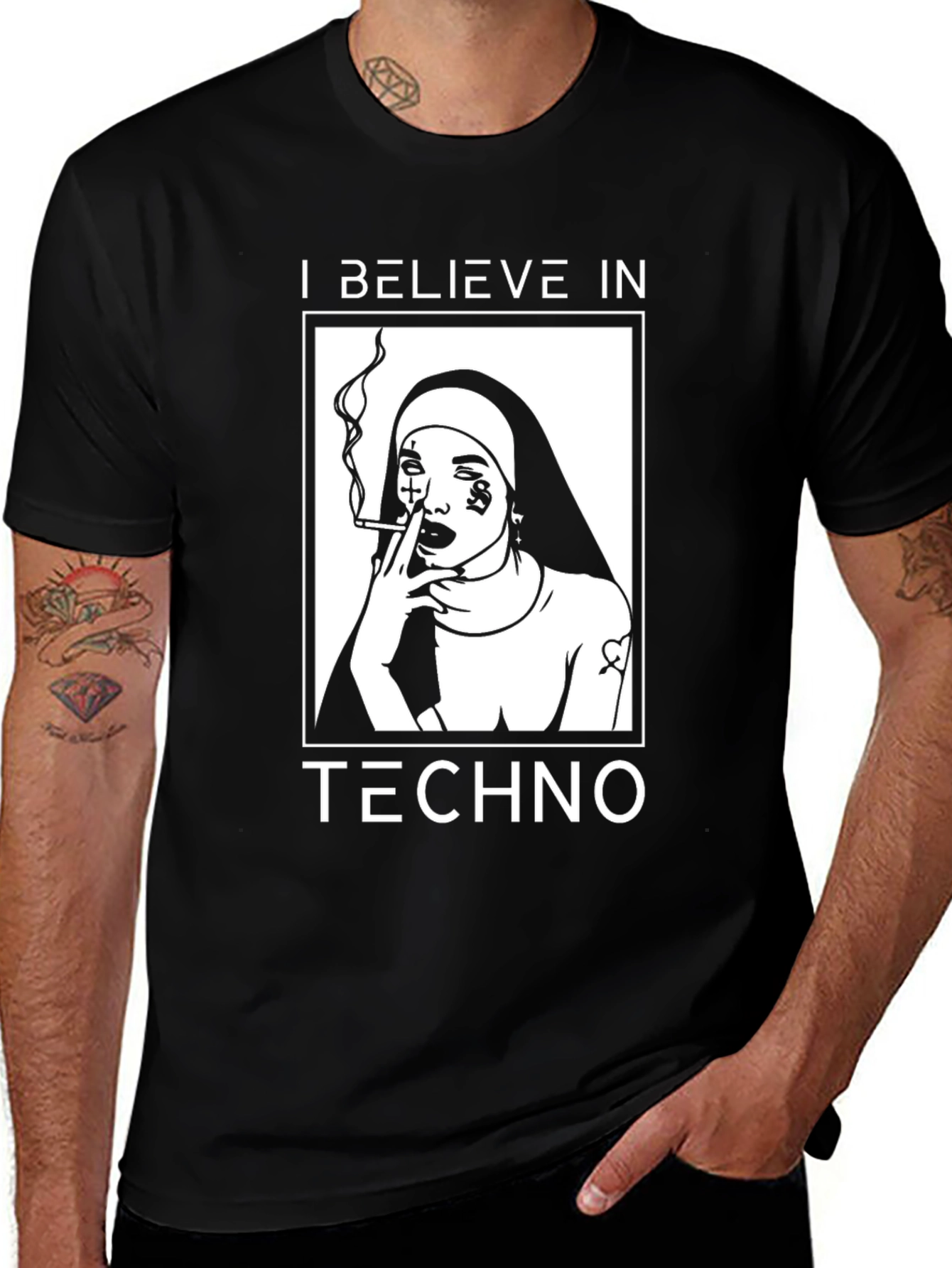 I Believe in Techno T-Shirt - Nun Smoking