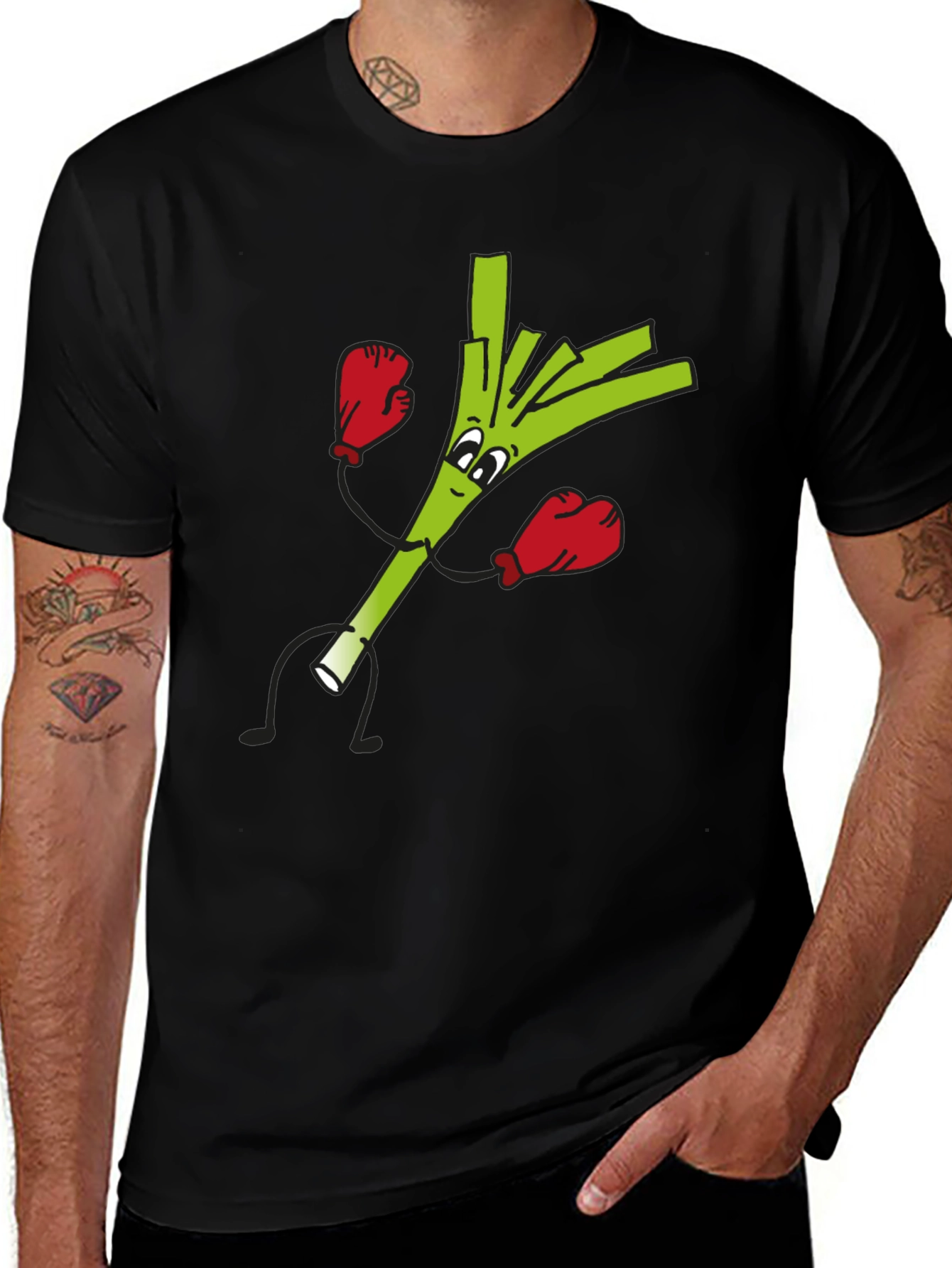 Variant 11 of Funny Boxing Leek Cartoon Graphic Black T-Shirt