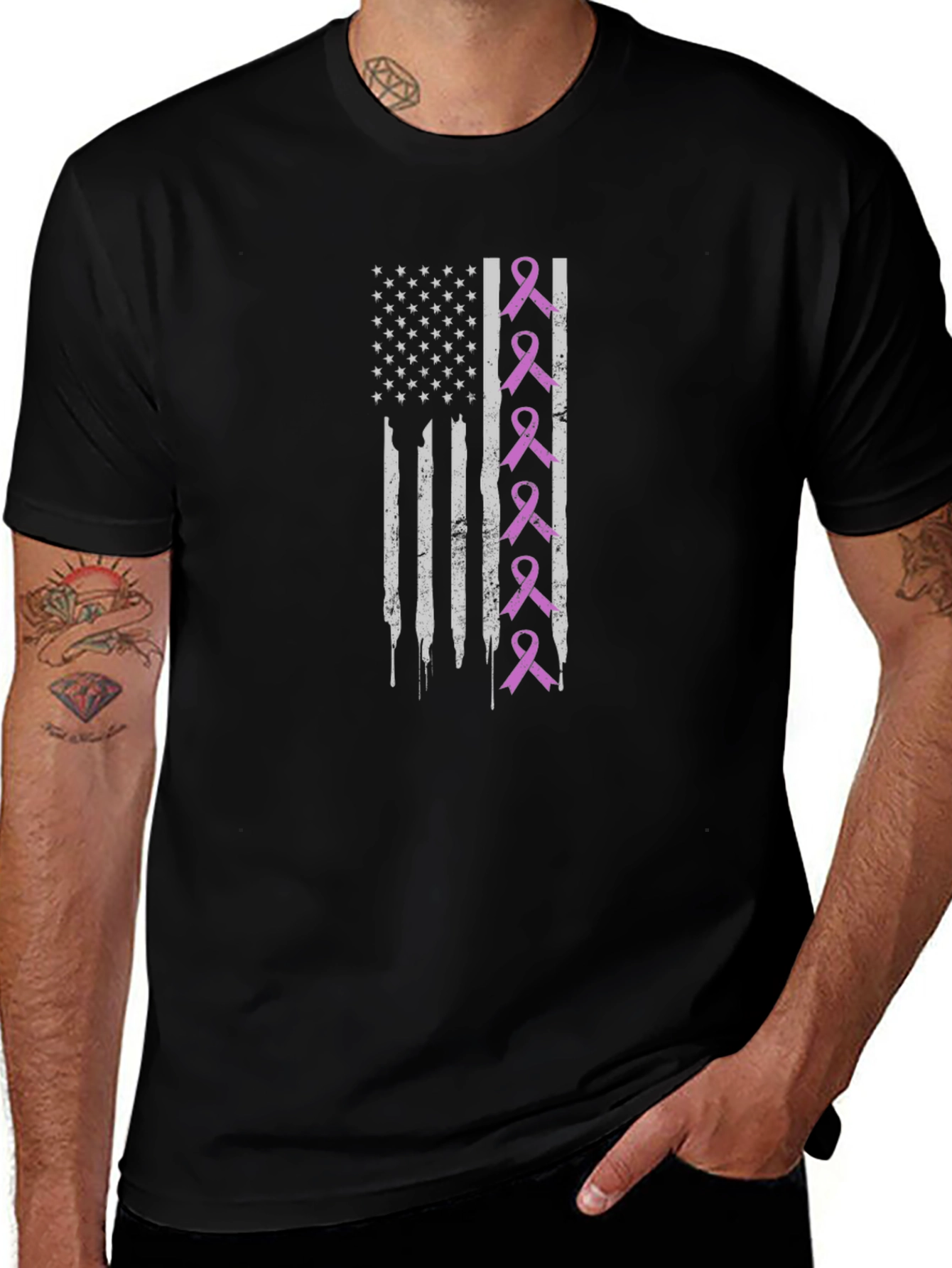 Variant 2 of Patriotic Breast Cancer Awareness Ribbon American Flag T-Shirt