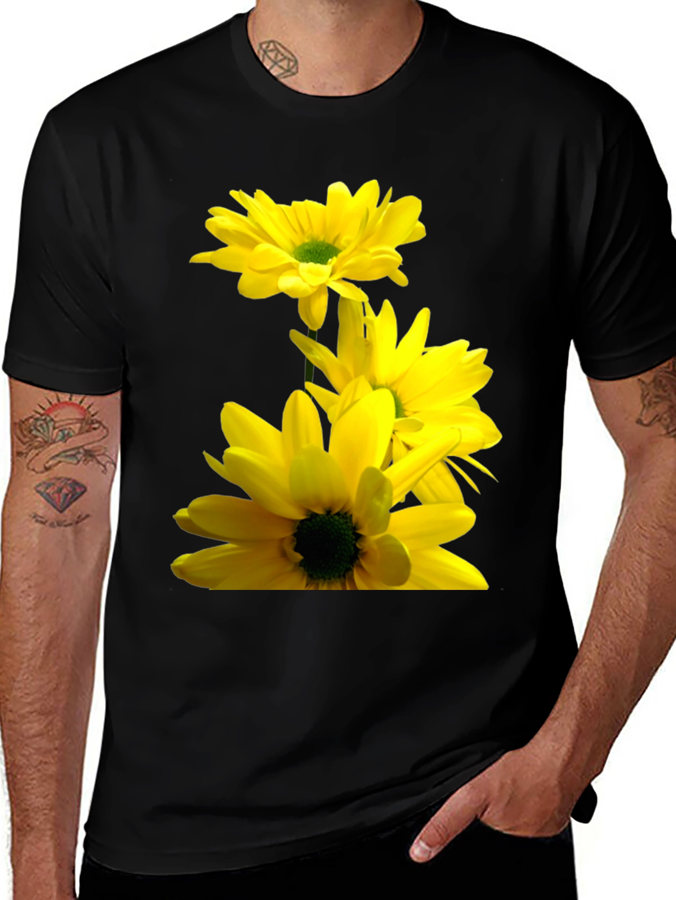 Black Black T-Shirt with Yellow Daisy Flower Print main image