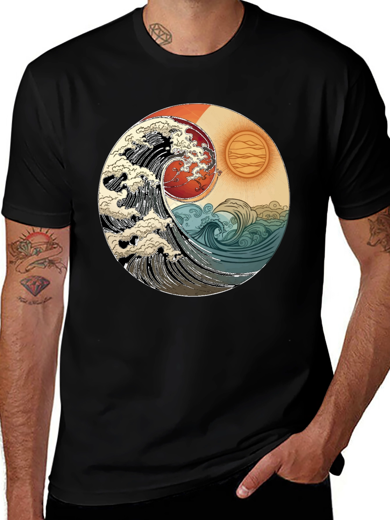 Variant 20 of Yin Yang Sun & Wave Graphic Tee - Black Cotton