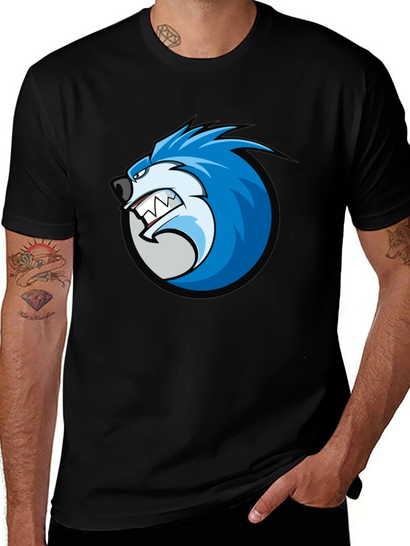 Variant 7 of Cool Blue Wolf Graphic Print Black T-Shirt