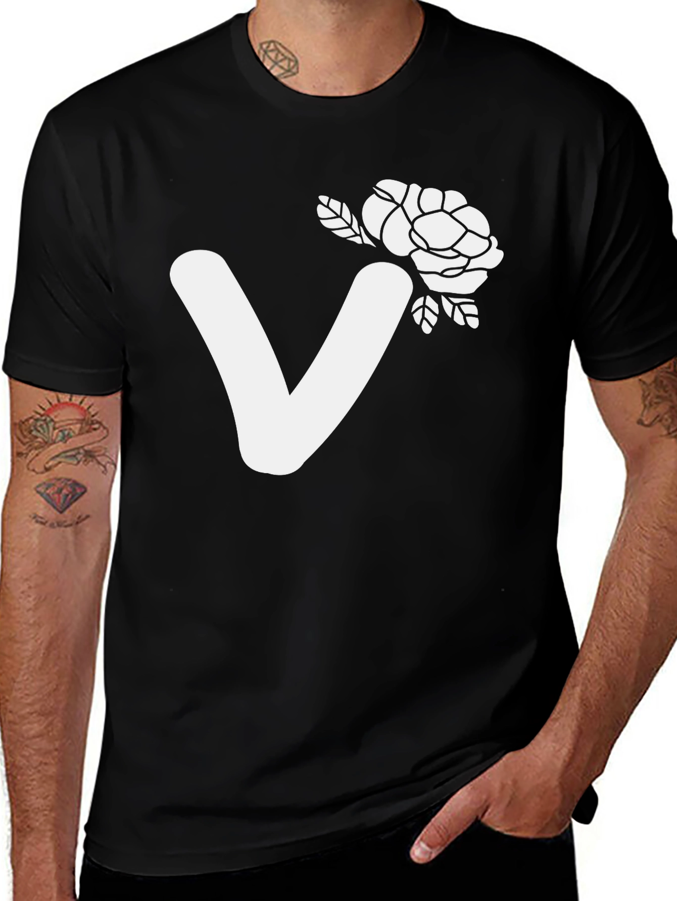 Variant 3 of Black T-Shirt with White V and Floral Design