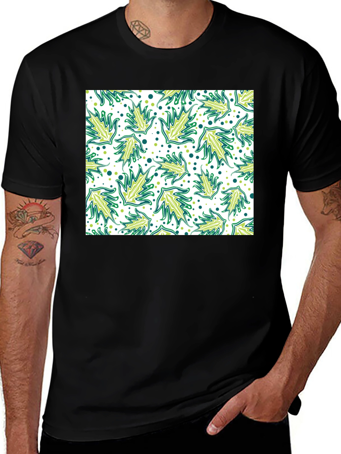 Variant 26 of Leaf Pattern Black T-Shirt