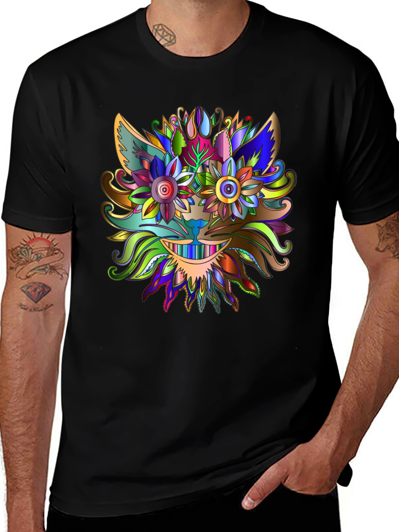 Variant 8 of Floral Cat Face Graphic Black T-Shirt