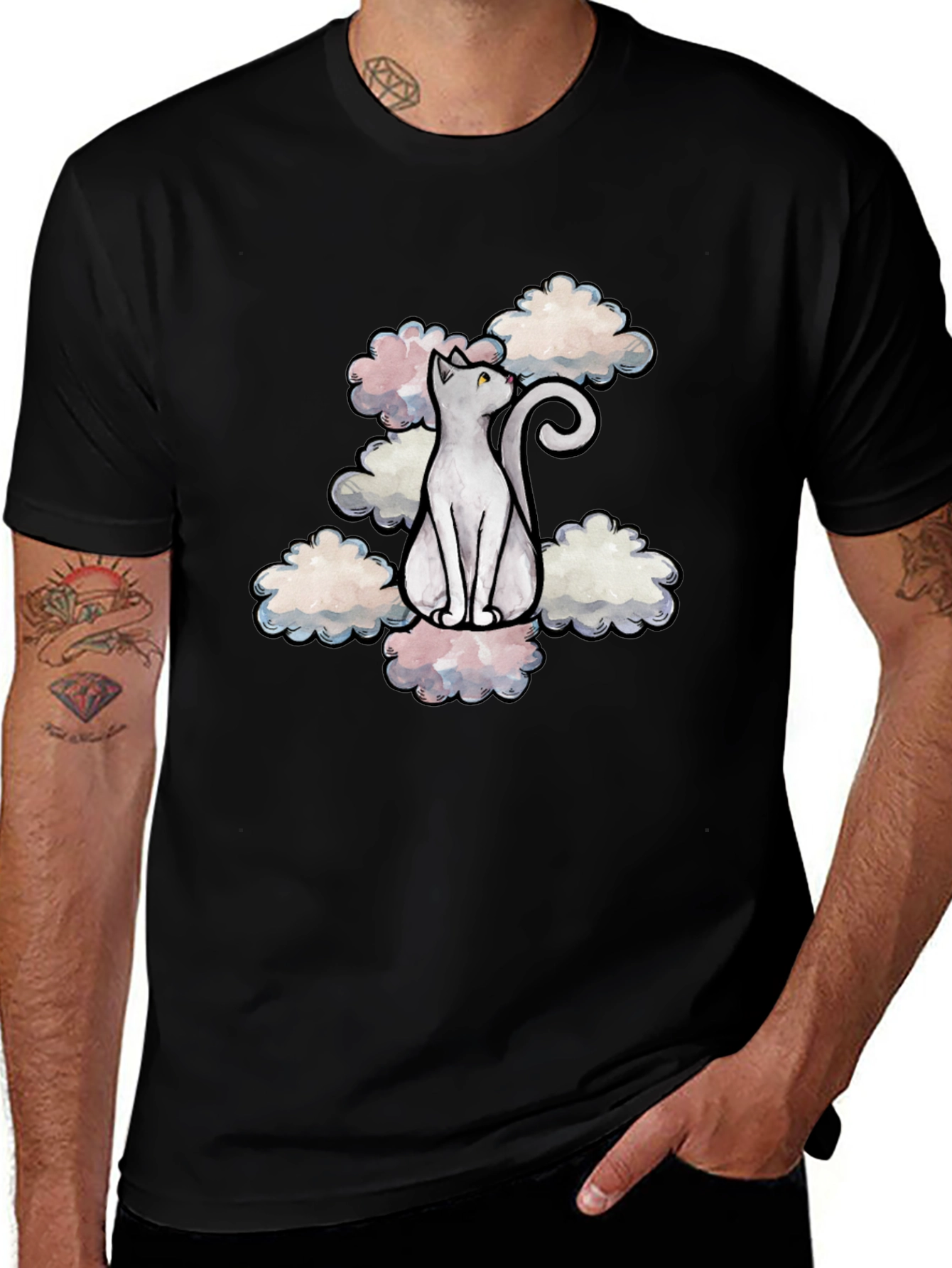 Variant 24 of Cat in Clouds Graphic Tee - Black Cotton T-Shirt