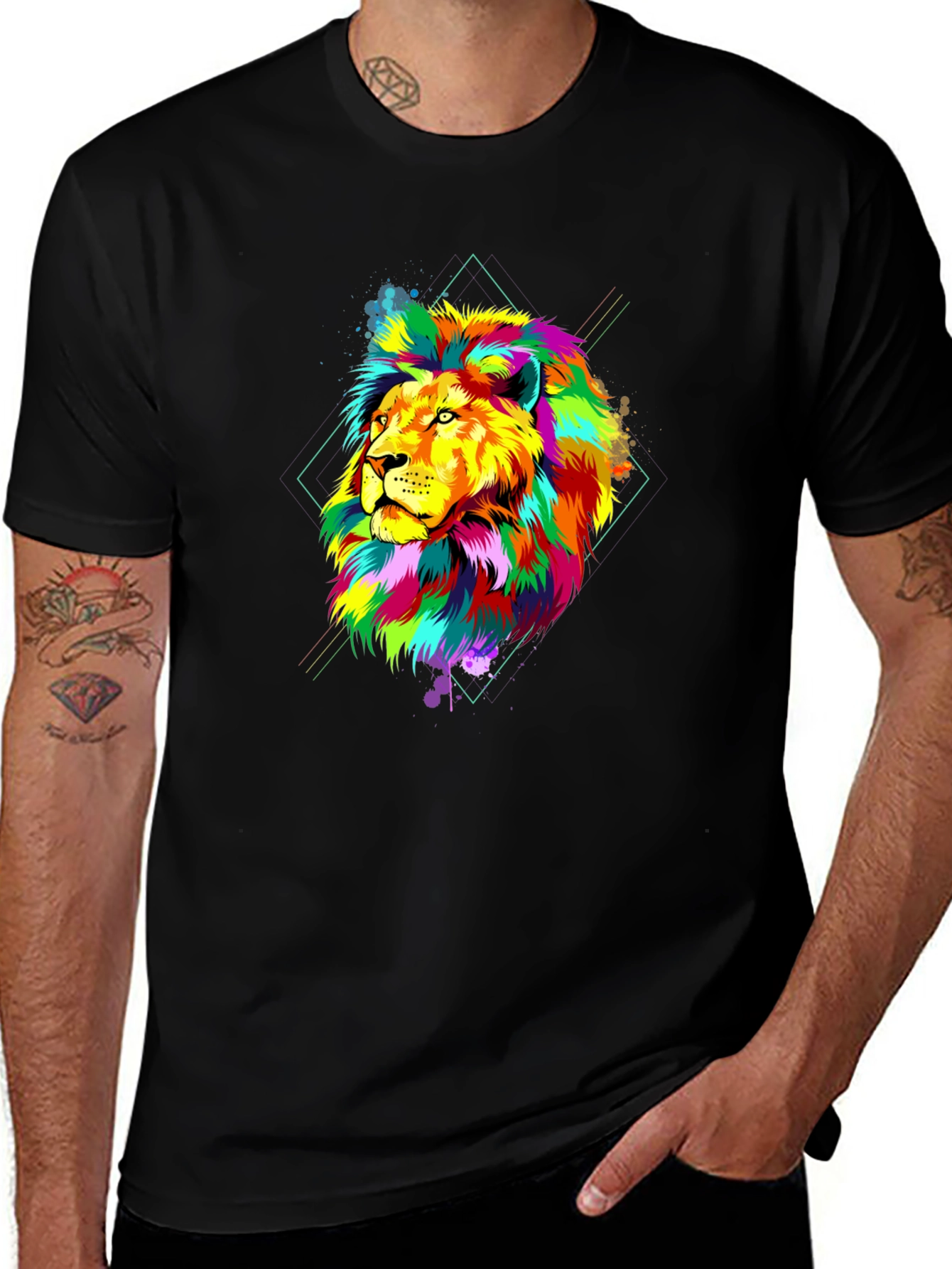 Variant 13 of Men's Black T-Shirt with Colorful Lion Graphic