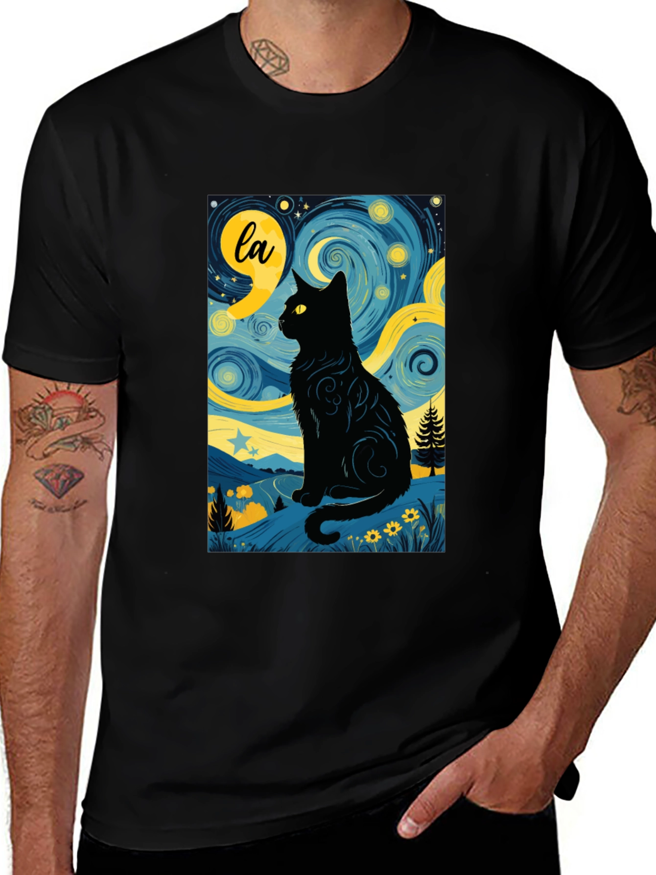 Variant 16 of Starry Night Cat T-Shirt - Artistic Black Cat Design