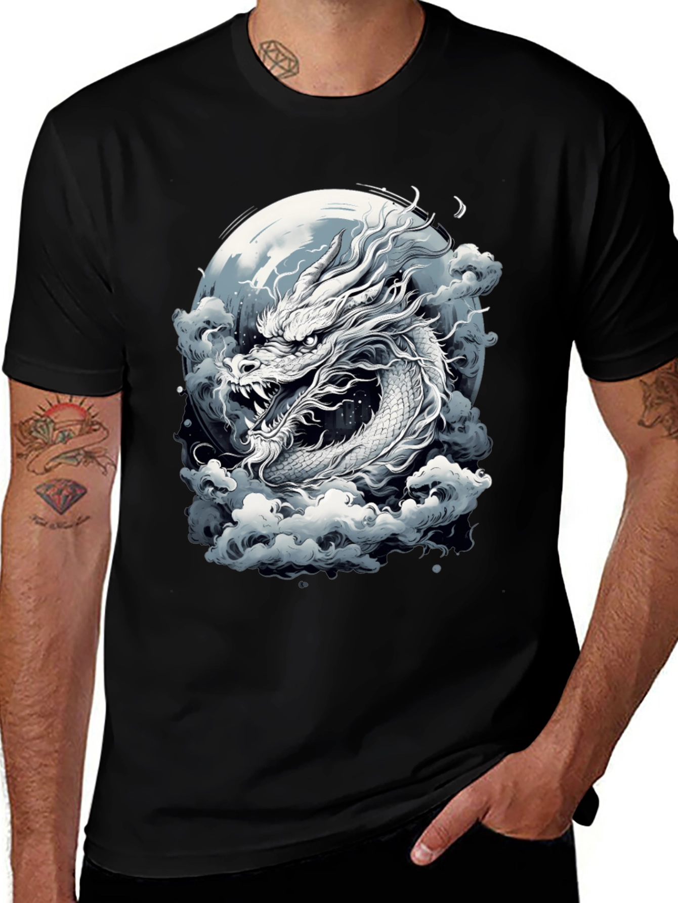 Variant 16 of Dragon Moon Graphic Tee - Black Cotton Blend