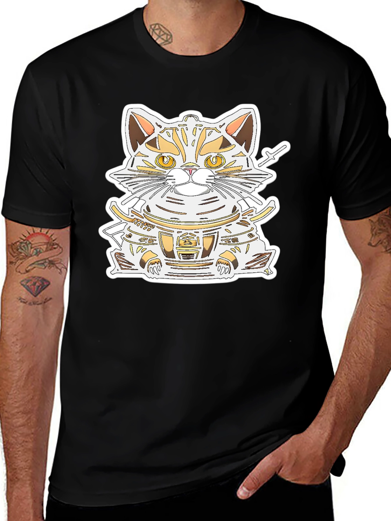 Variant 28 of Samurai Cat Graphic Tee - Black Cotton Shirt