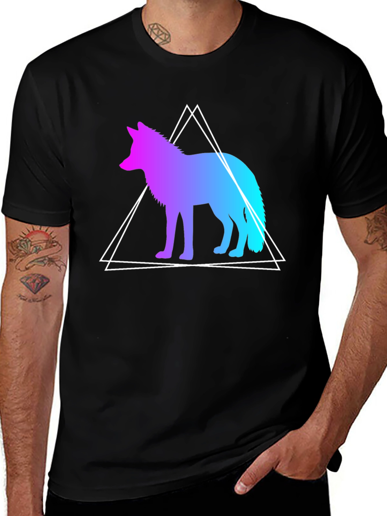 Geometric Wolf Graphic Tee - Black Cotton