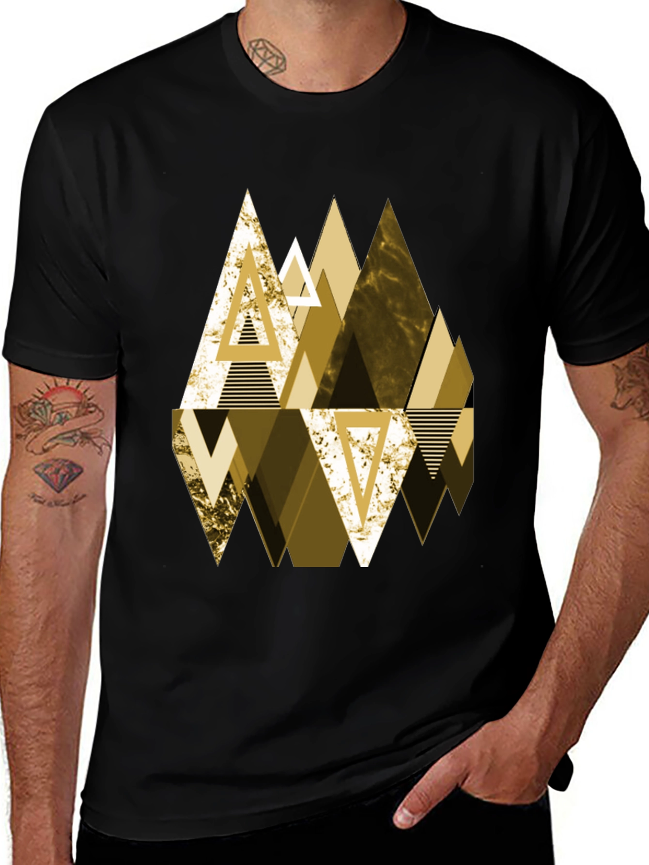 Variant 21 of Geometric Triangle Gold Print Men's Black T-Shirt