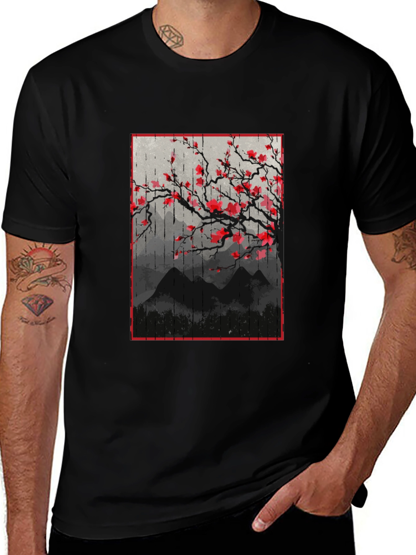 Variant 29 of Black T-Shirt with Japanese Floral Mountain Print