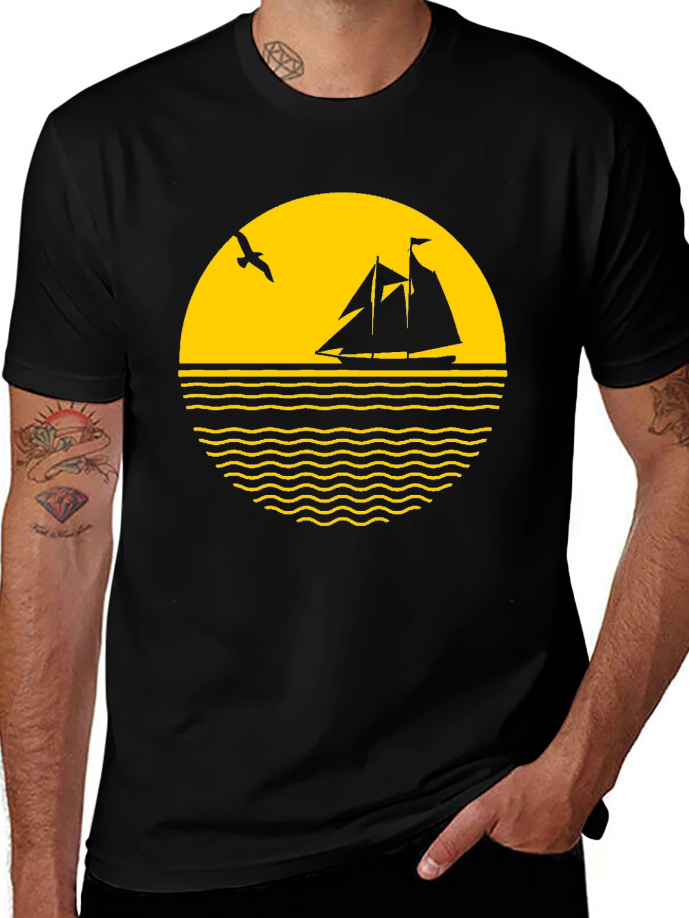 Black Nautical Sunset Graphic Tee - Black Cotton Blend main image