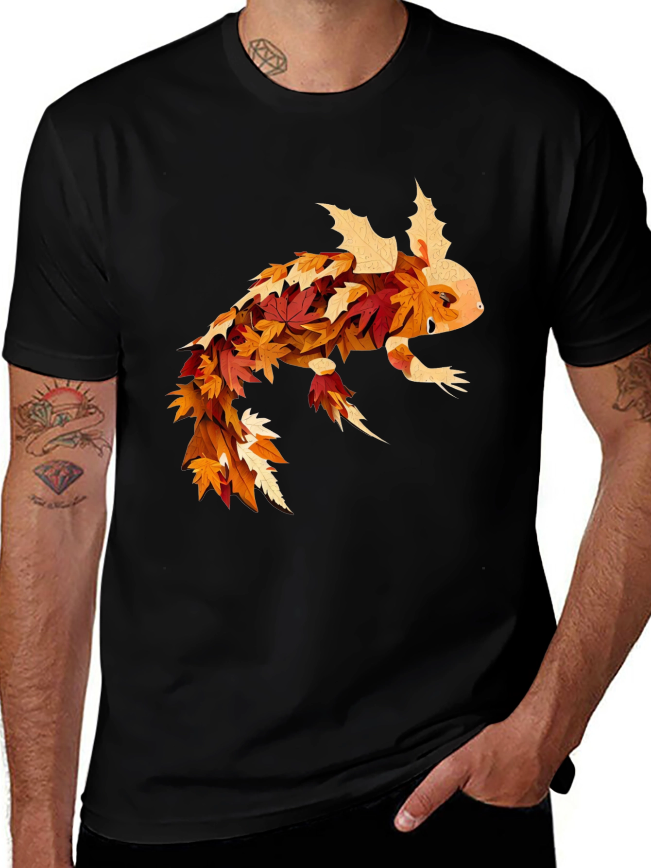 Variant 25 of Fall Axolotl T-Shirt - Autumn Leaf Design