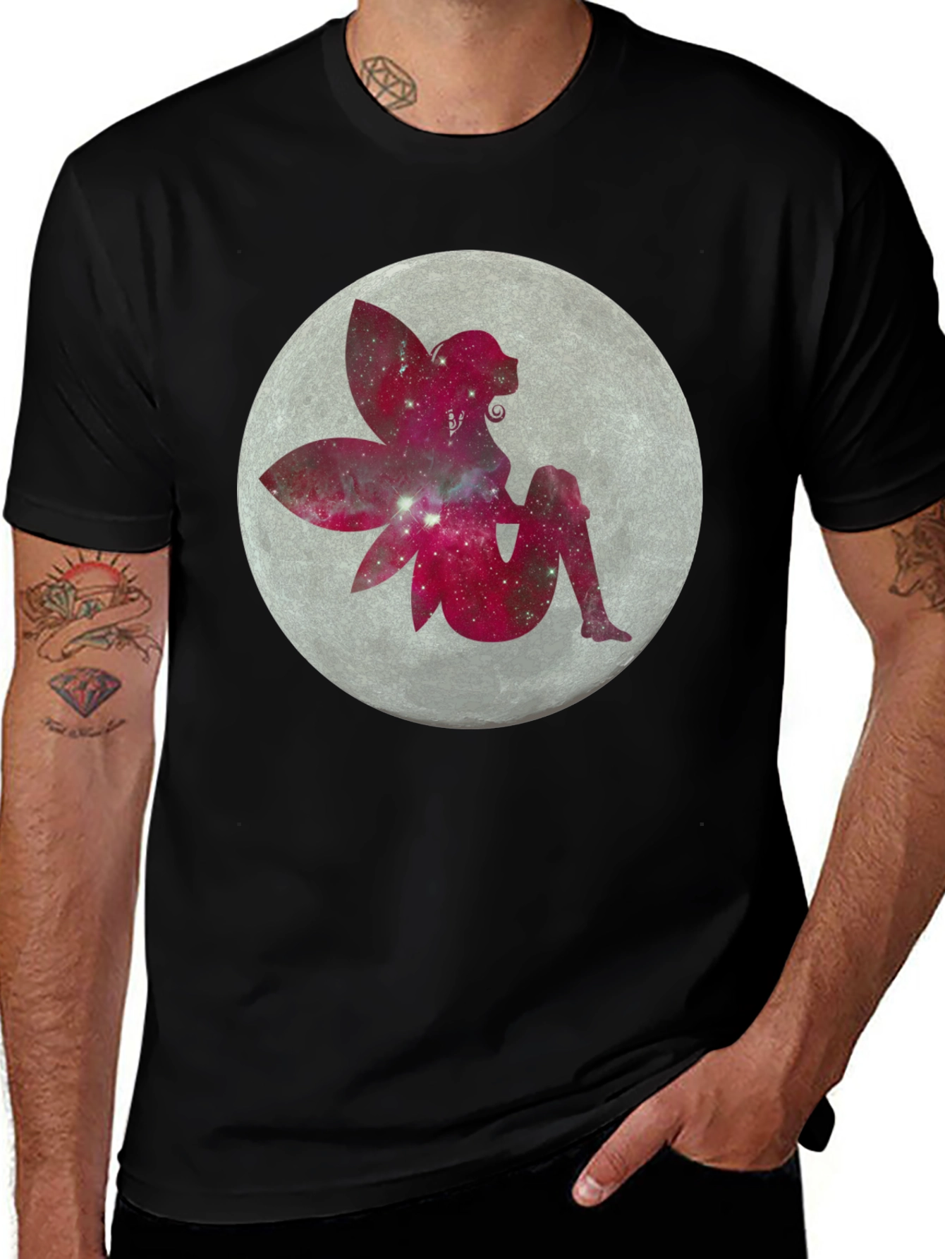 Variant 4 of Fairy Moon Graphic Tee - Black Cotton Casual Shirt