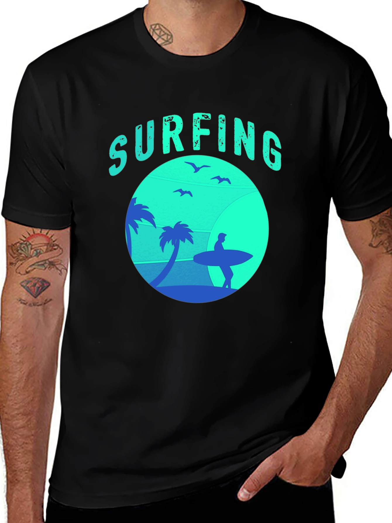 Variant 21 of Surfing Silhouette Graphic Tee - Black Cotton T-Shirt