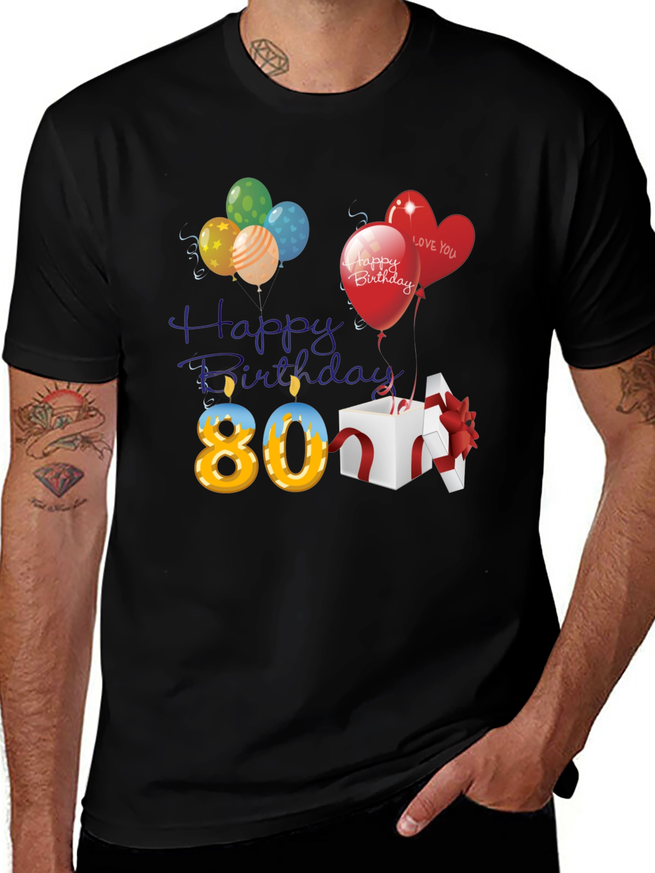 Variant 21 of 80th Birthday T-Shirt with Balloons and Gift