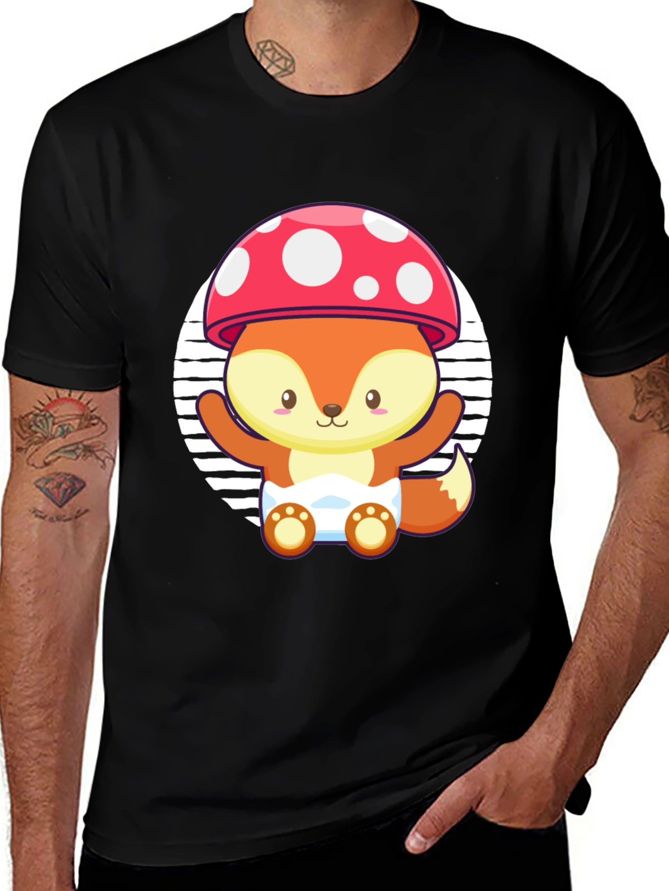 Variant 16 of Cute Mushroom Fox Graphic Tee - Unisex Black T-Shirt