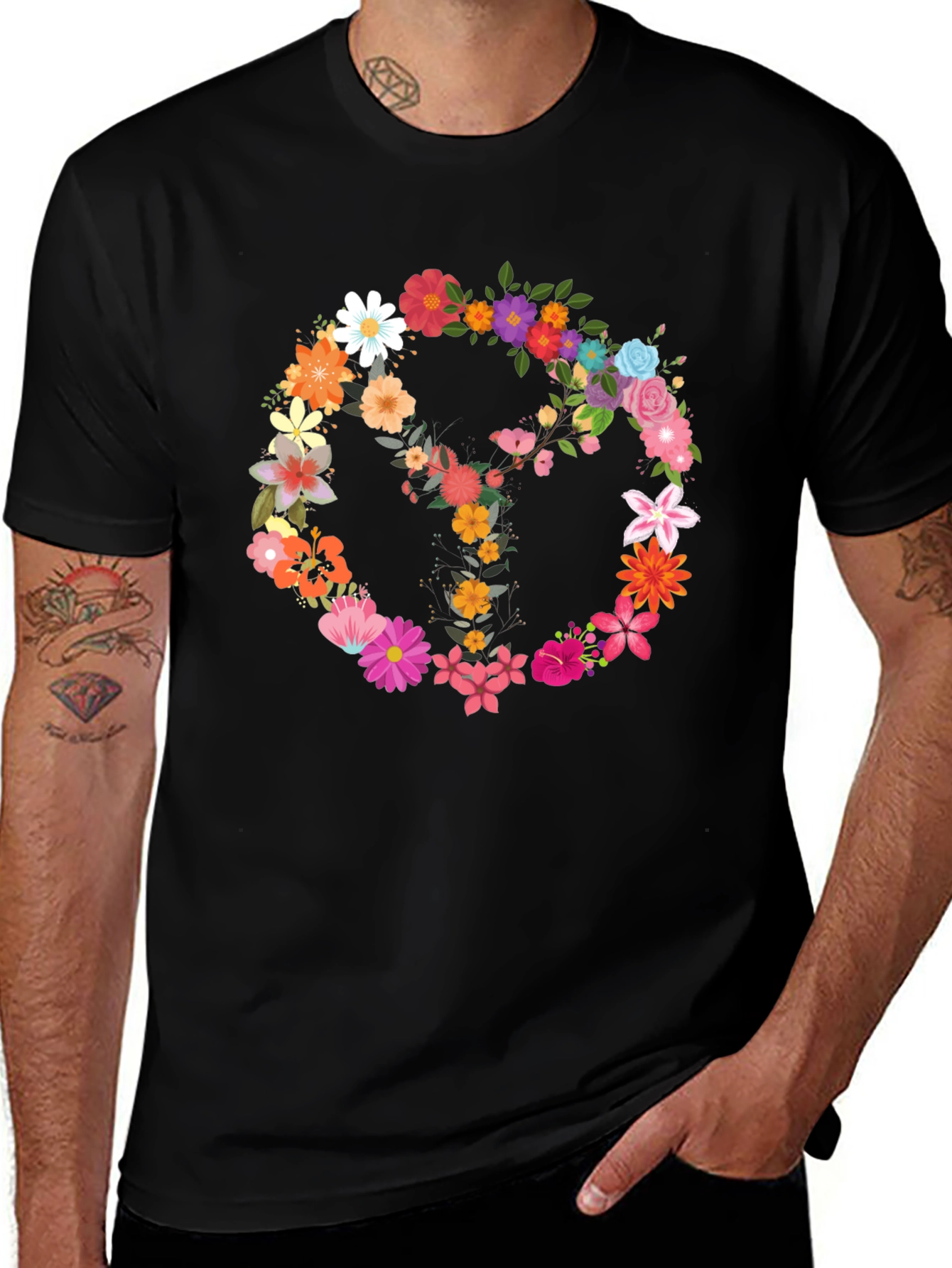 Variant 17 of Floral Peace Sign Graphic T-Shirt - Black