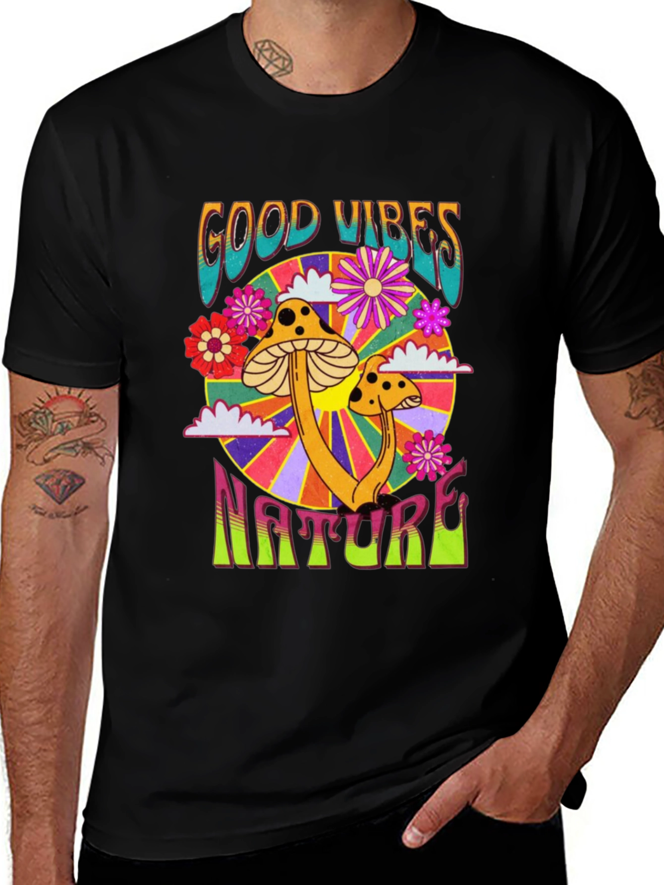 Variant 4 of Good Vibes Nature Graphic Tee - Retro Mushroom Design