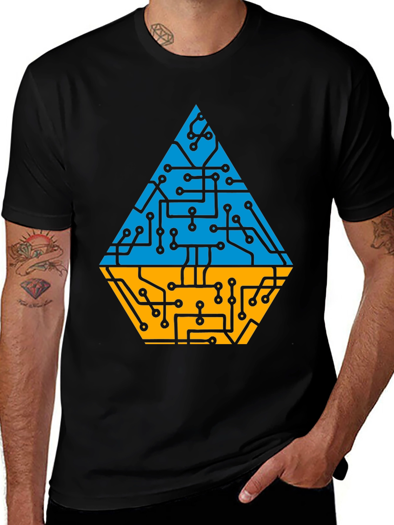 Variant 27 of Tech Circuit Graphic Tee - Blue & Yellow Design
