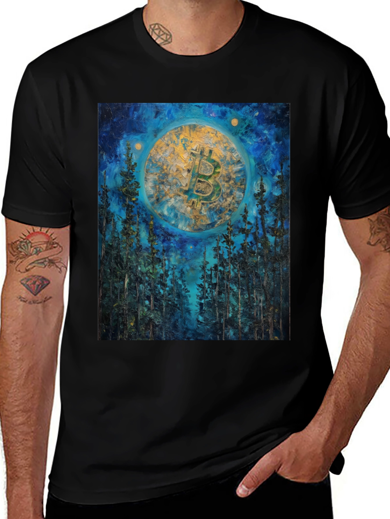 Variant 9 of Bitcoin Forest Night Sky Black T-Shirt