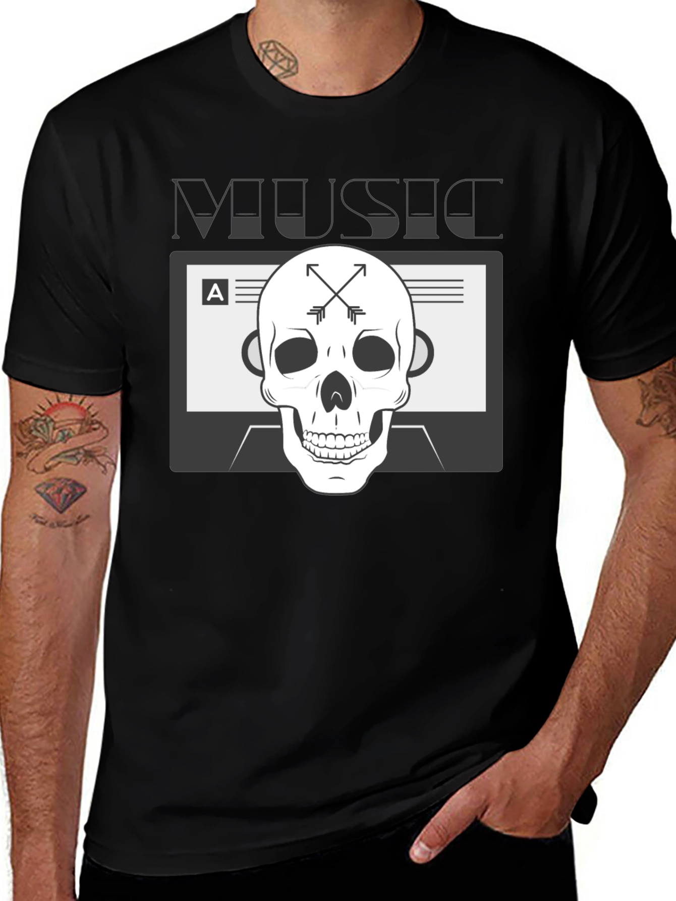 Variant 26 of Music Skull Graphic Tee - Black Cotton Blend T-Shirt