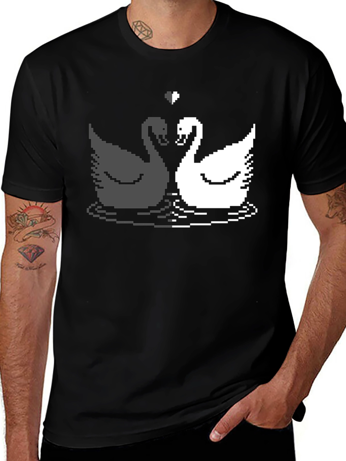Variant 17 of Pixel Swan Love T-Shirt - Black