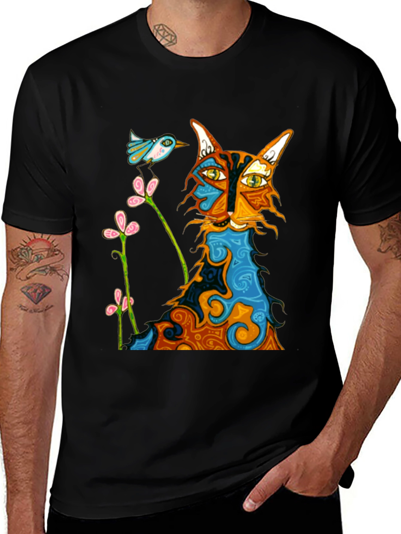 Variant 4 of Whimsical Cat & Bird Graphic Tee