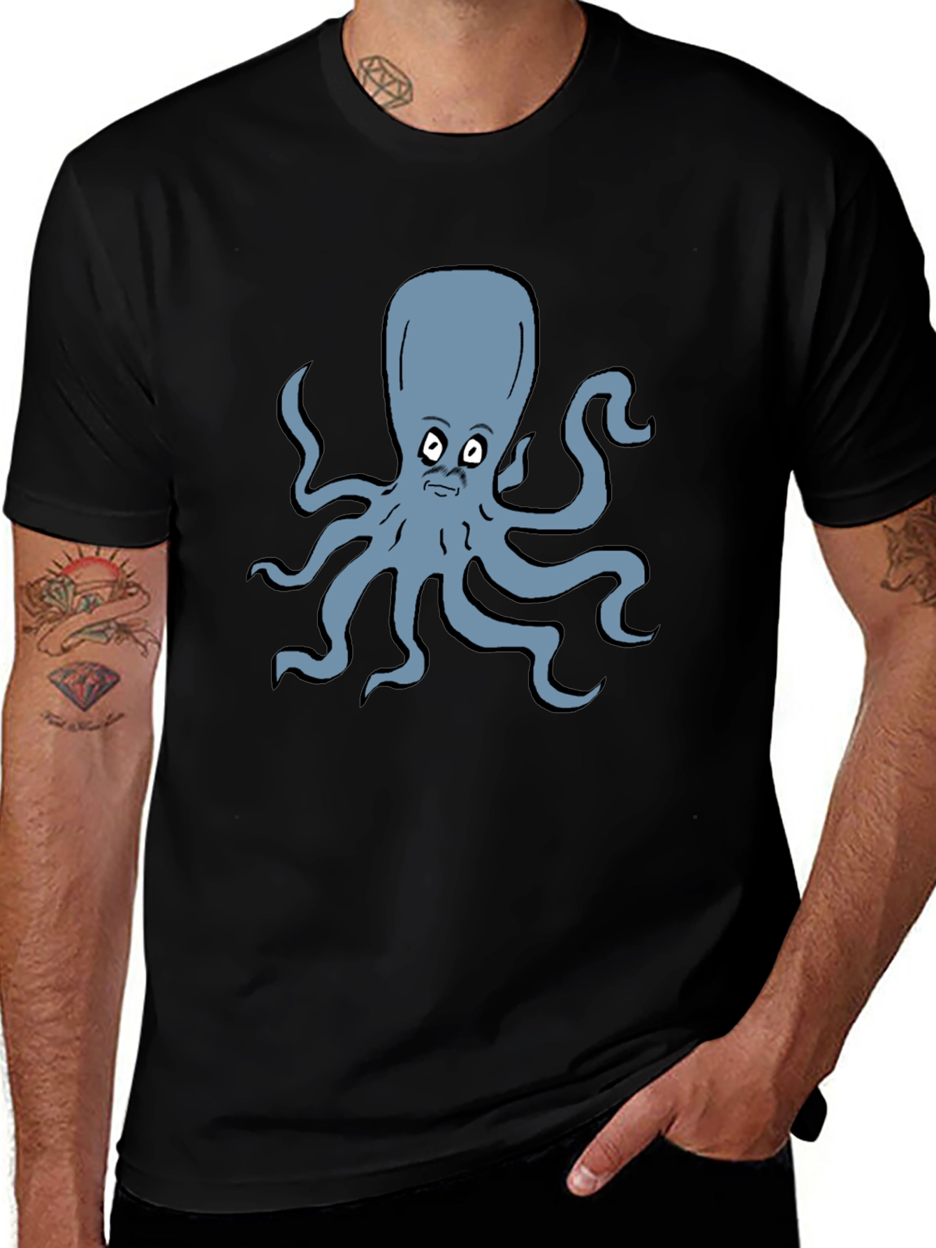 Variant 27 of Cartoon Octopus Graphic Tee - Black Cotton T-Shirt
