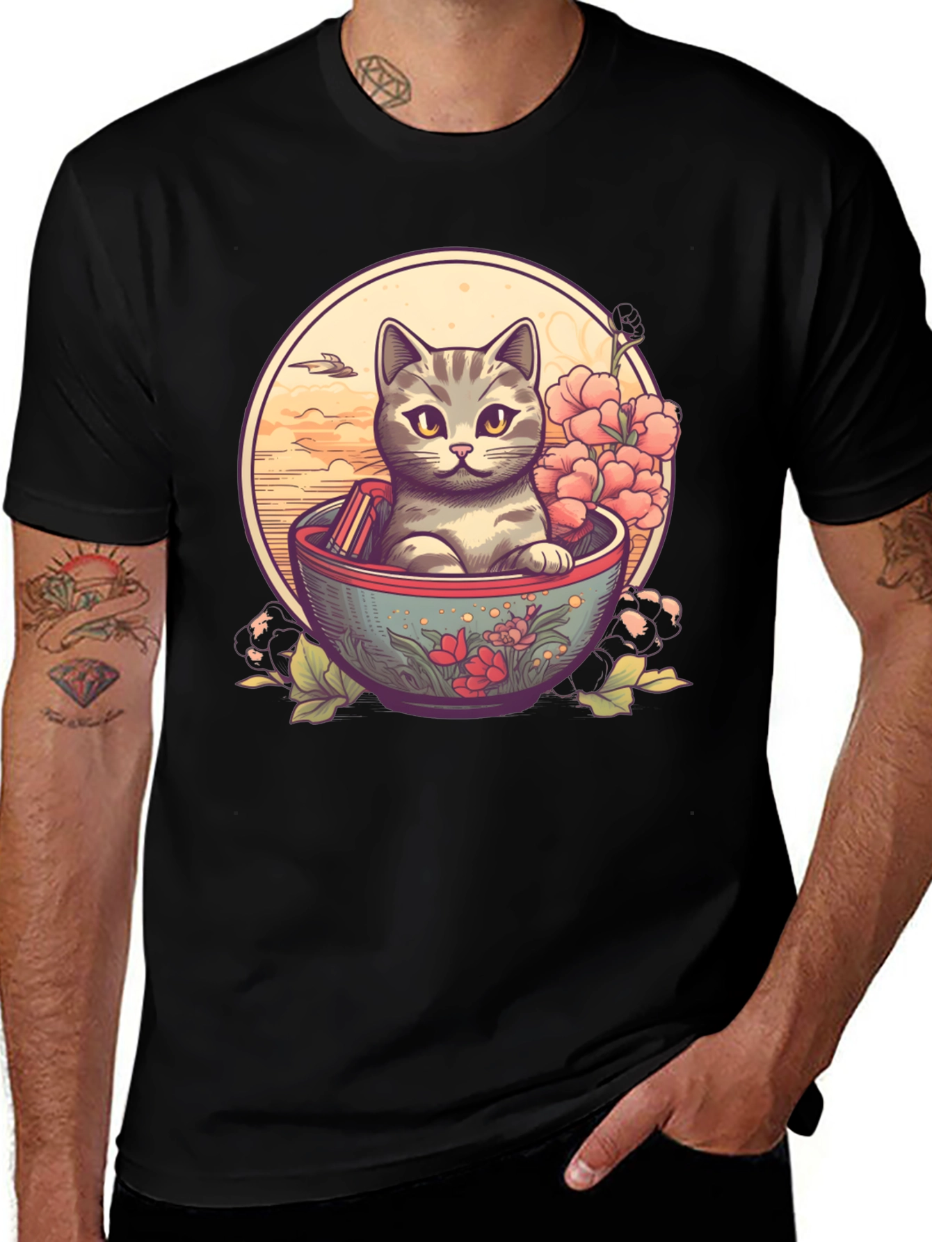 Cat in Bowl Graphic Tee - Unique Pet Lover's T-Shirt