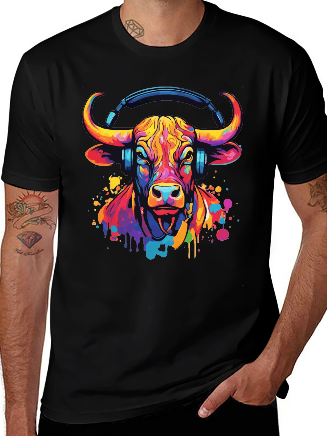 Variant 9 of Cool Bull with Headphones Graphic Tee