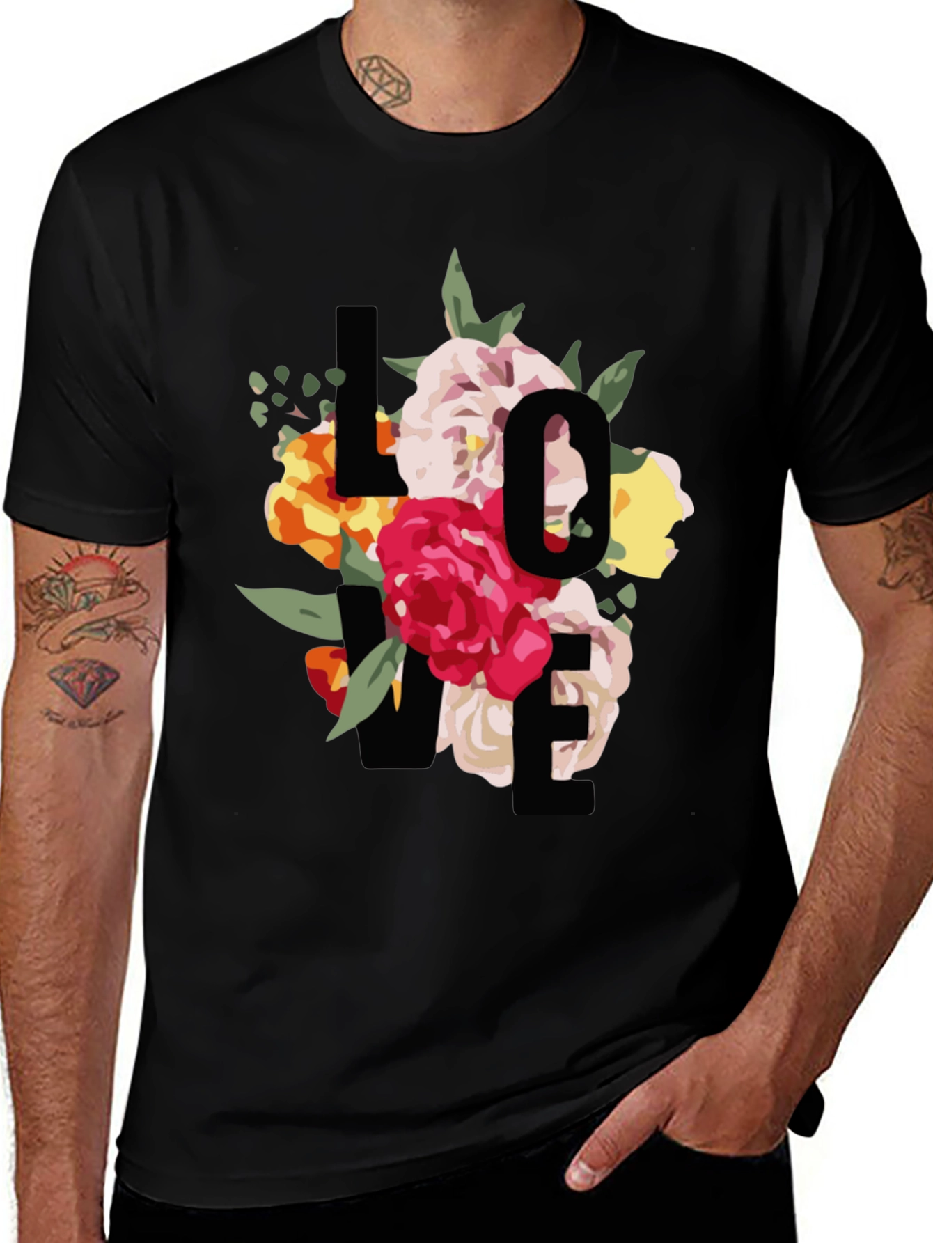 Black Floral Love Graphic Black T-Shirt main image