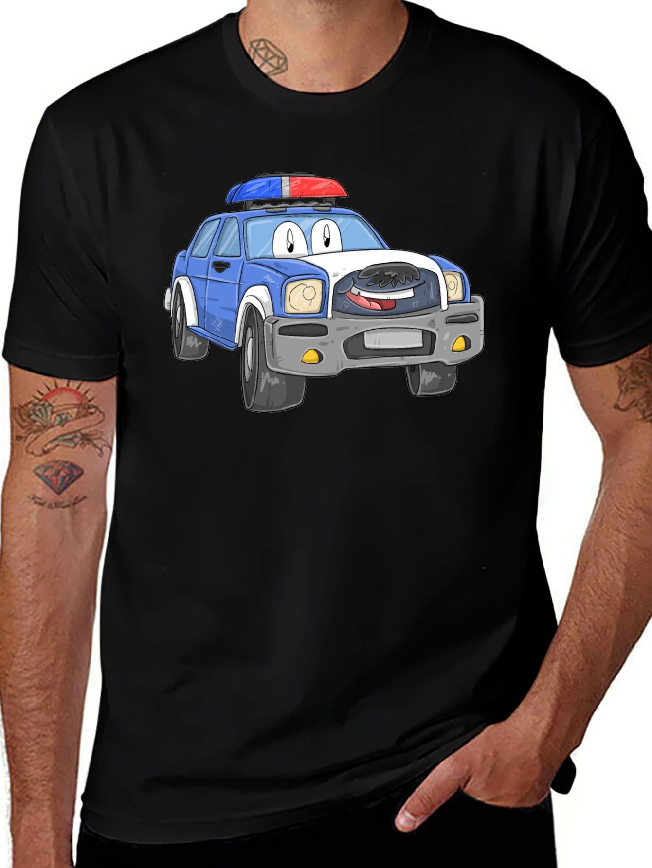 Variant 18 of Cartoon Police Car T-Shirt - Black Cotton Blend