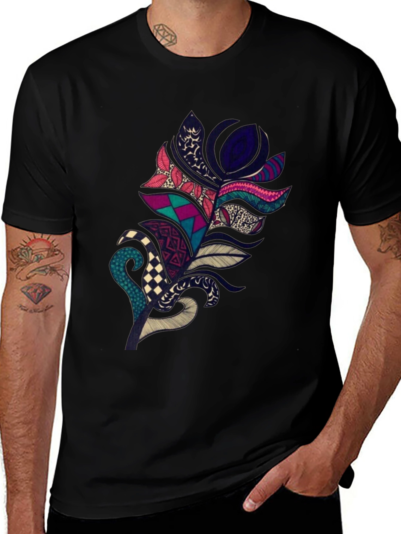 Black Boho Feather Graphic Tee - Stylish Black T-Shirt main image