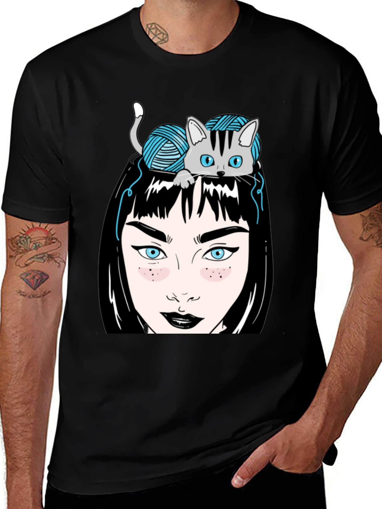 Variant 9 of Cat & Yarn Girl Graphic T-Shirt - Unique Art Tee