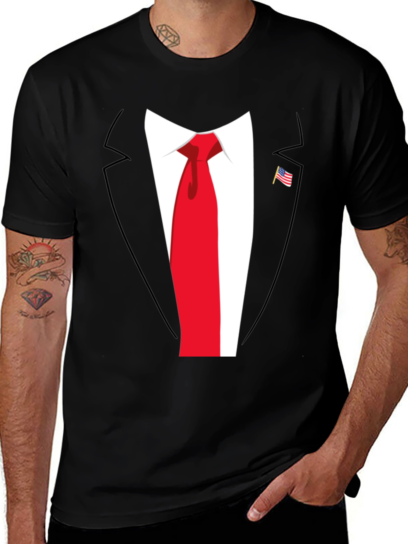 Variant 24 of Tuxedo T-Shirt: Dressy Tee with Tie & American Flag Pin