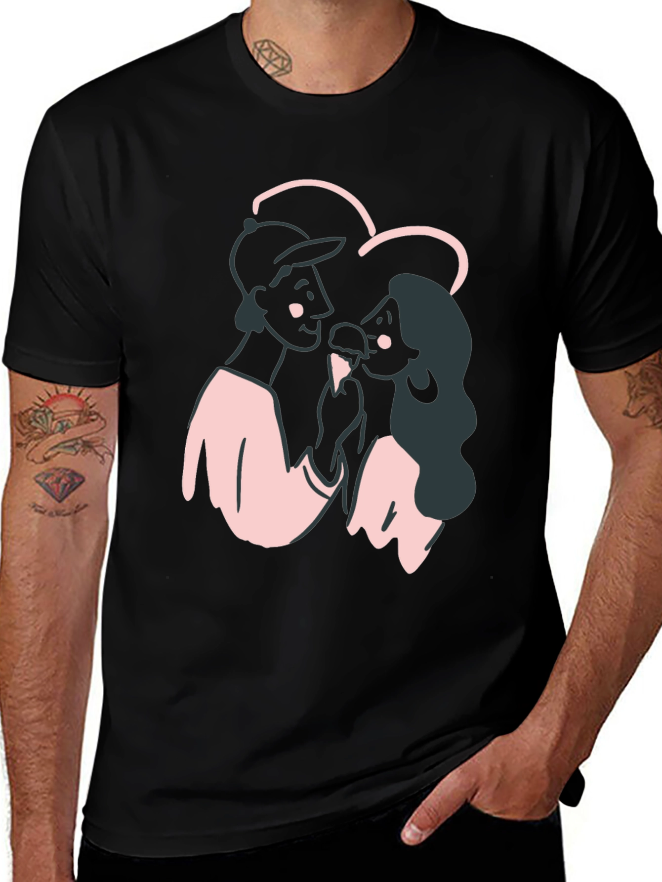 Variant 18 of Couple's Cartoon Graphic Black T-Shirt