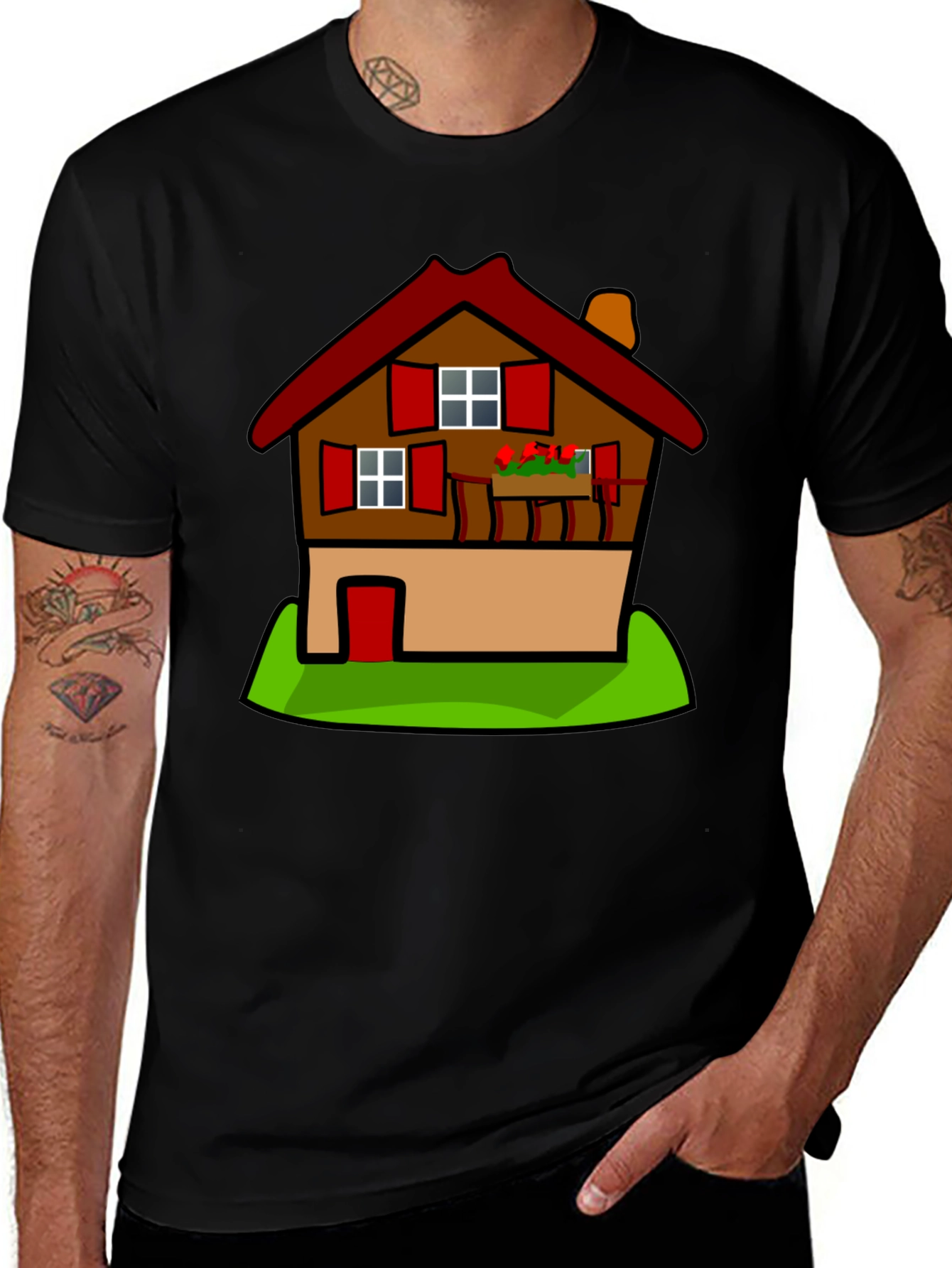 Variant 16 of Cartoon House T-Shirt - Black Cotton Tee