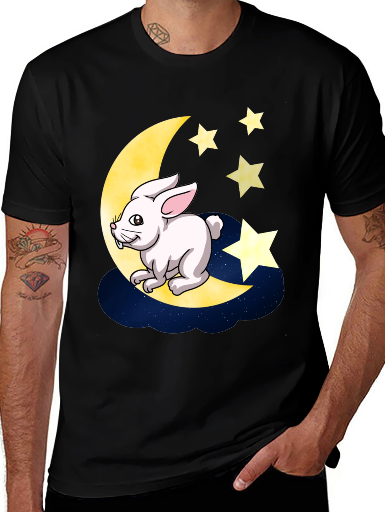 Variant 11 of Moon Rabbit Graphic Tee - Black Cotton T-Shirt