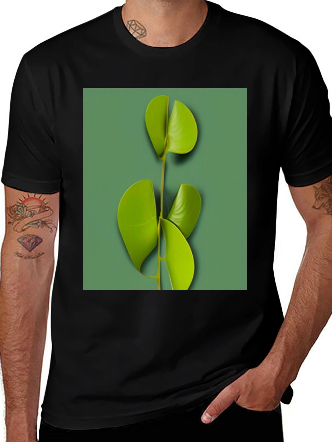 Variant 11 of Modern Leaf Print Black T-Shirt