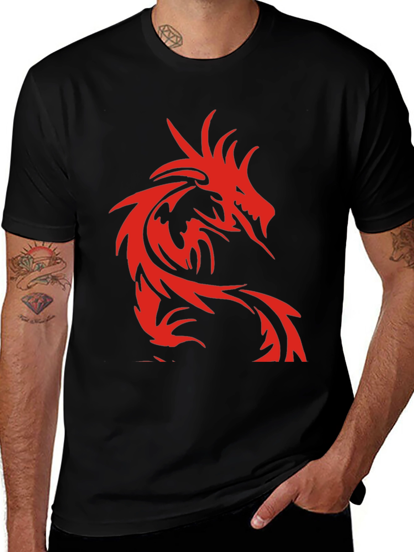 Variant 29 of Men's Black T-Shirt with Red Dragon Design