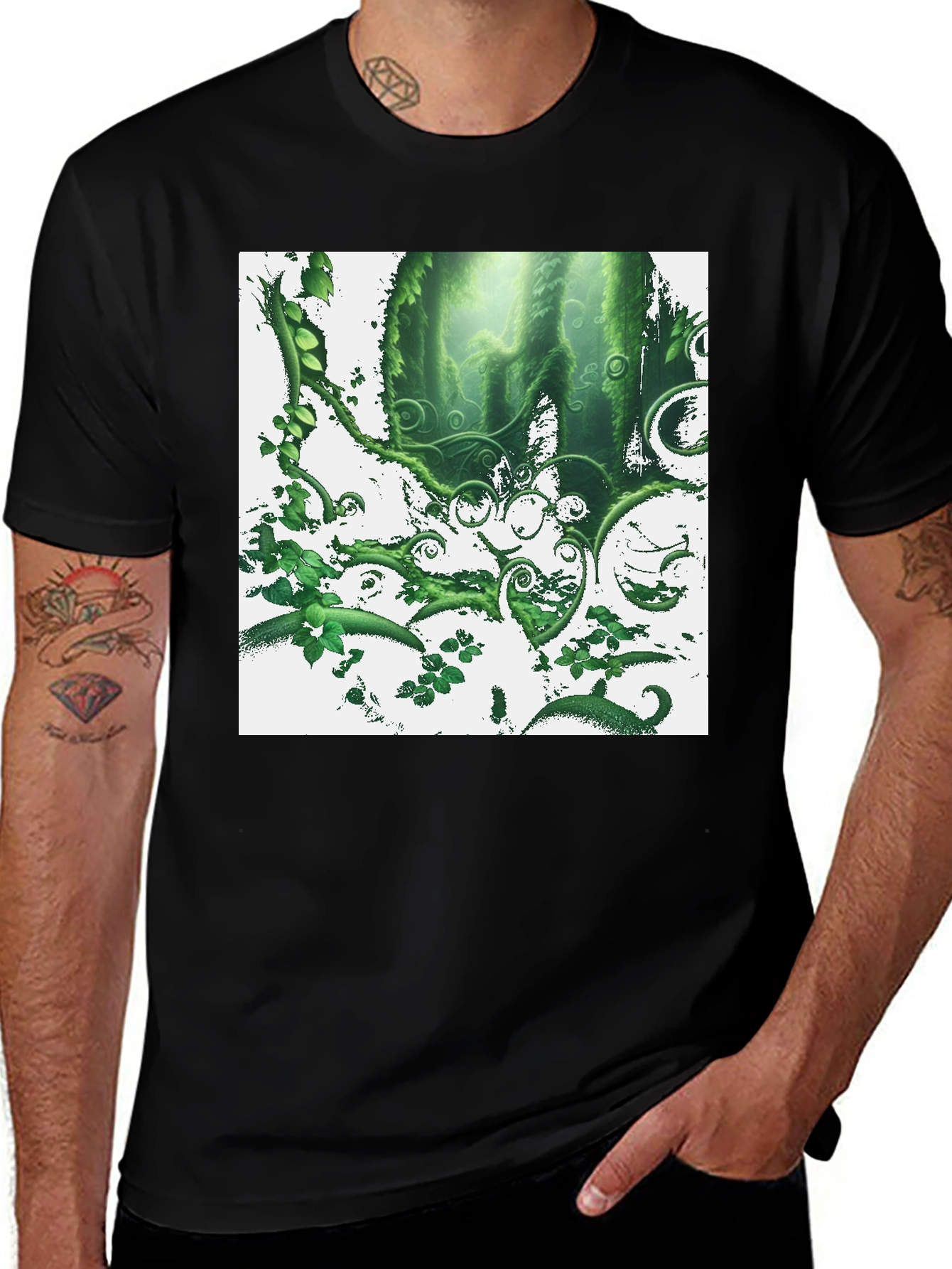 Variant 26 of Nature Forest T-Shirt: Green Foliage Design on Black